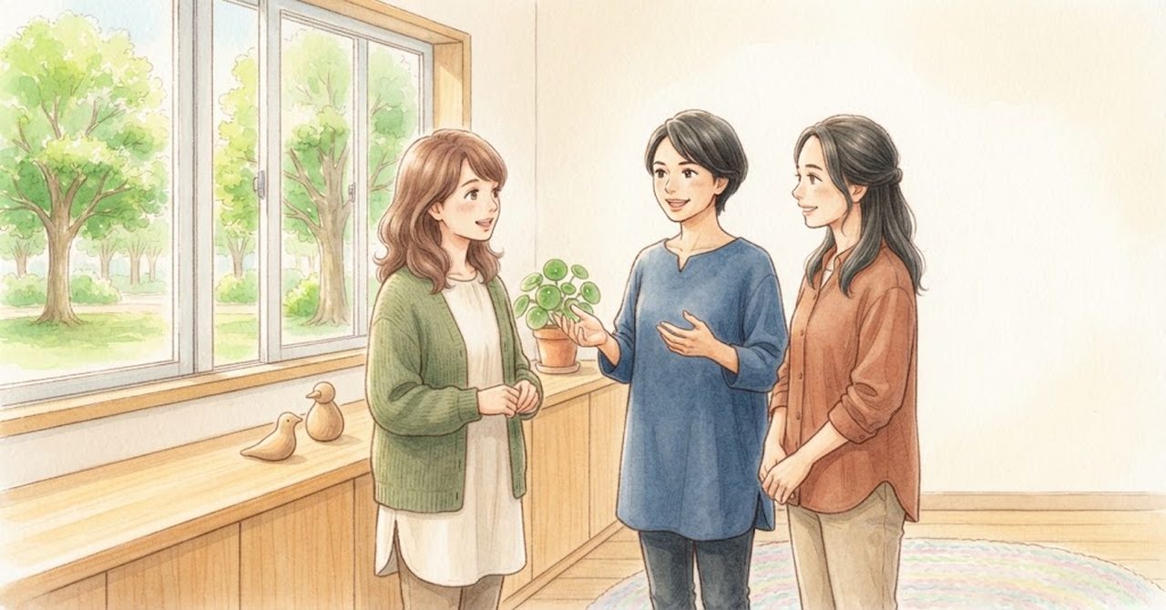 職員3人が療育の部屋で立ち話をしている絵