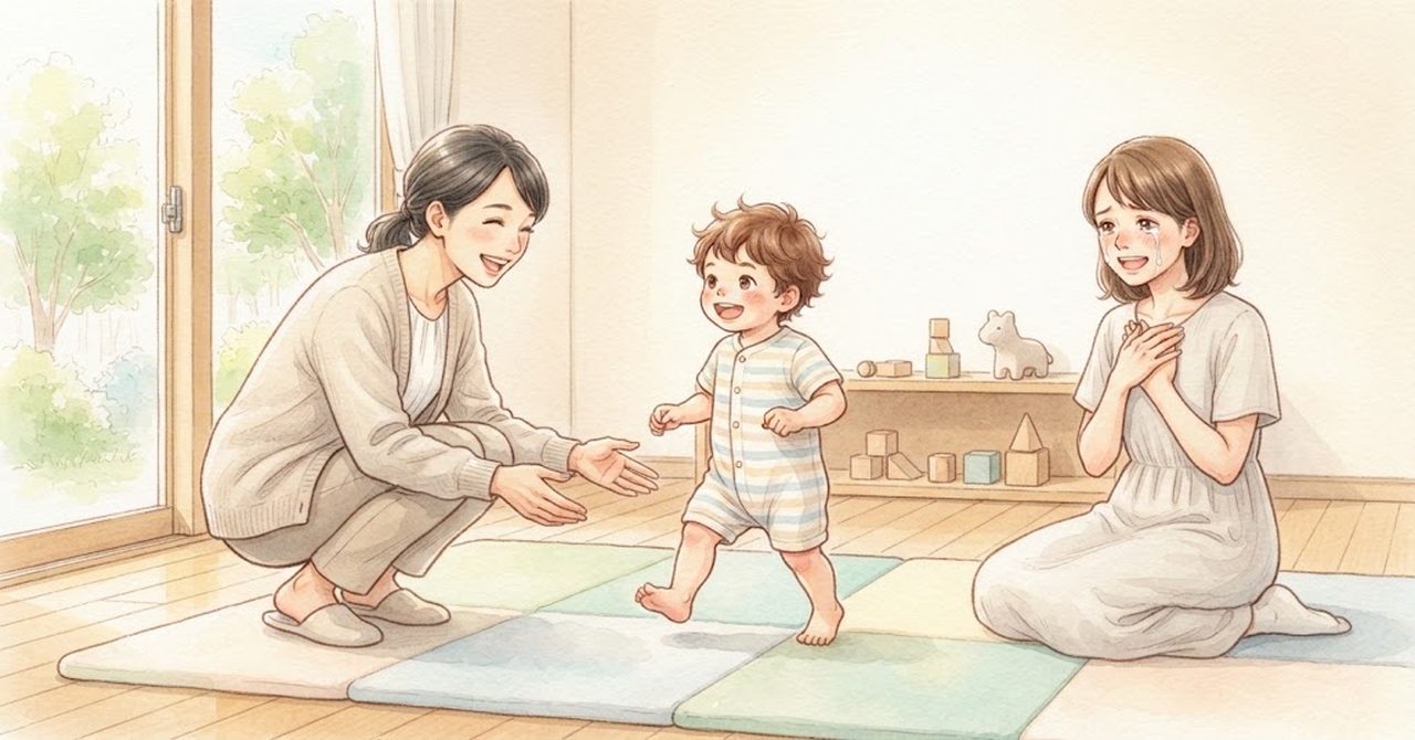 職員が手を差し出し、歩く子どもを保護者と見守っている絵