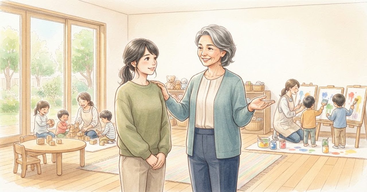 年上の職員が若い職員に話し、奥で子どもたちが遊んでいる絵