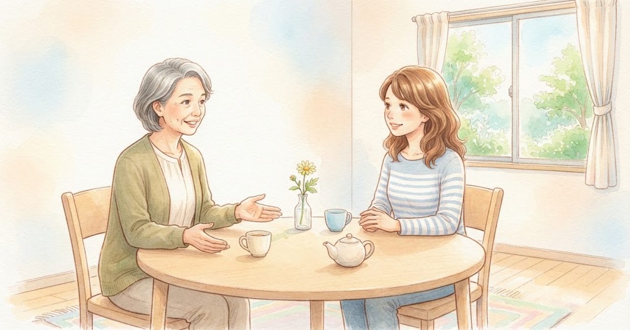 丸いテーブルで、年配の大人が保護者と向かい合い、手ぶりをまじえて話している水彩のイラスト