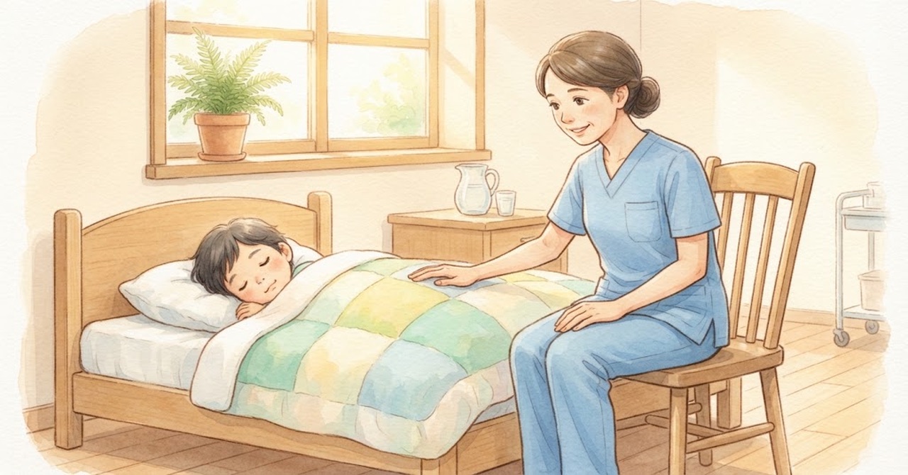 病室のベッドで眠る子どもの横に看護師が座り、布団の上に手を置いている水彩のイラスト
