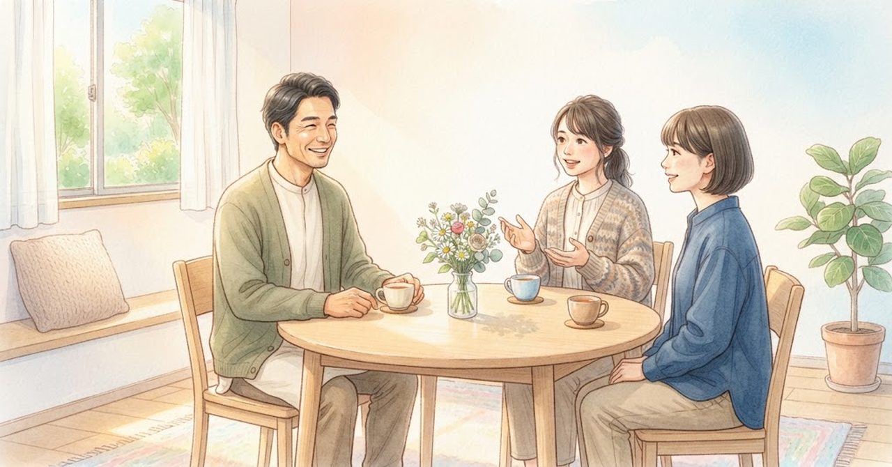 職員3人が机を囲んで話し合っている絵