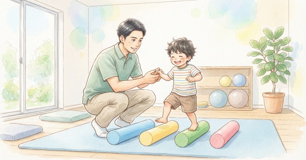 職員が子どもの手を取り、色のついた筒の上を歩くのを支えている絵