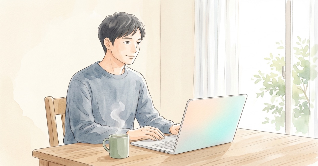 家の机で、ノートパソコンに向かって入力している人の水彩のイラスト