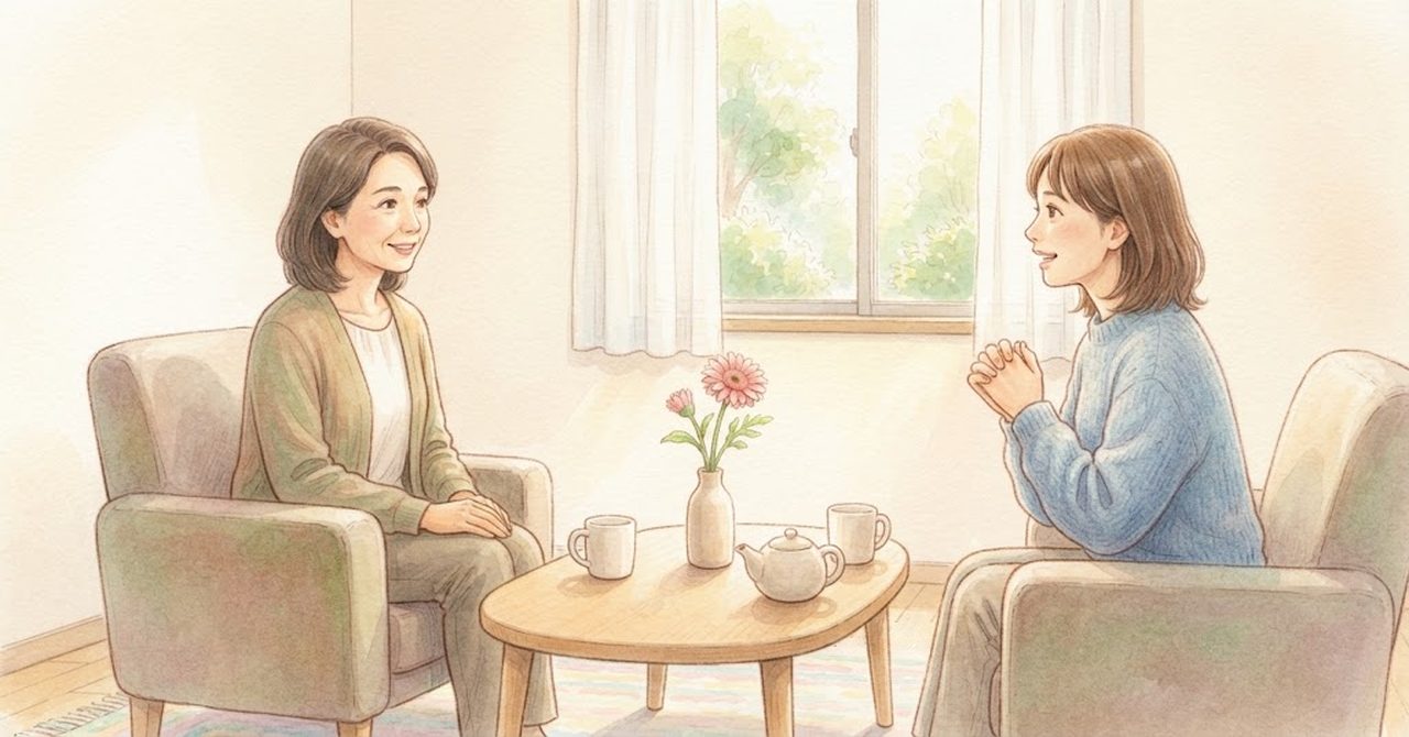 ひじ掛けいすに座った大人2人が、小さなテーブルをはさんで穏やかに話している水彩のイラスト