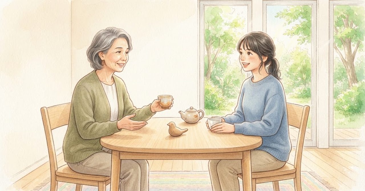 庭の見える部屋で、年配の大人と若い大人がテーブルをはさみ、お茶を飲みながら話している水彩のイラスト