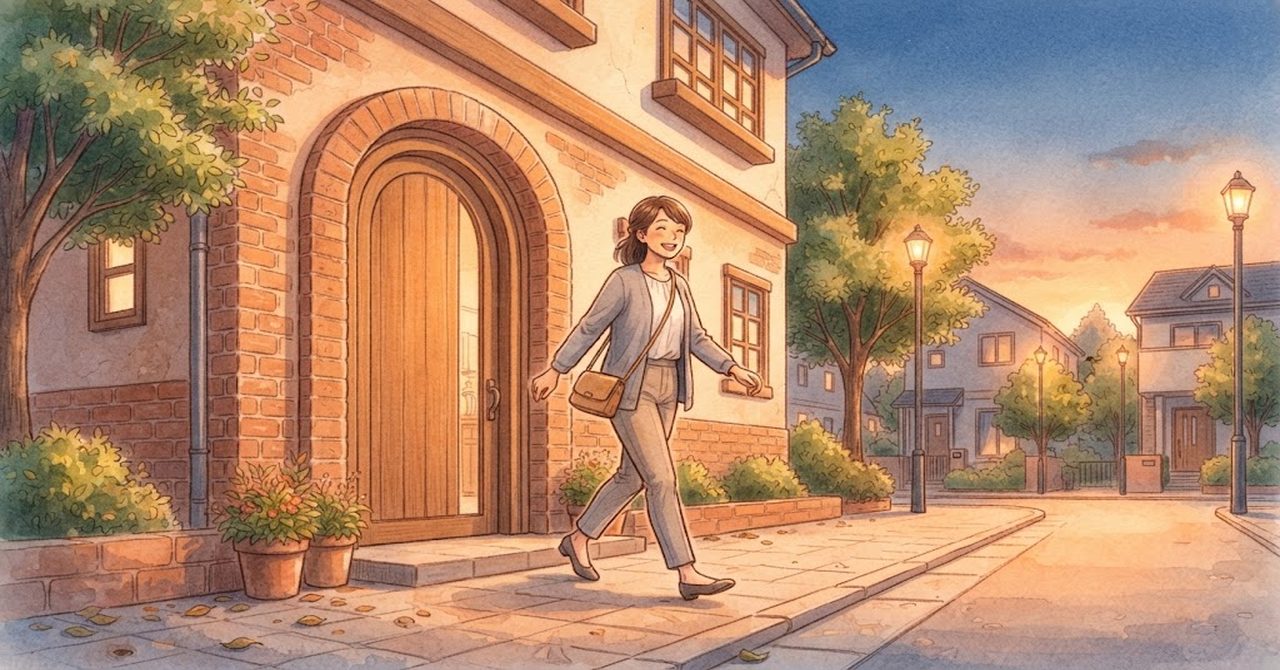 夕方、職員が建物の入口から笑顔で帰る絵