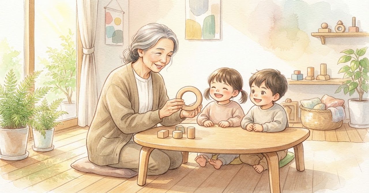 年上の職員が子ども2人と机で遊んでいる絵