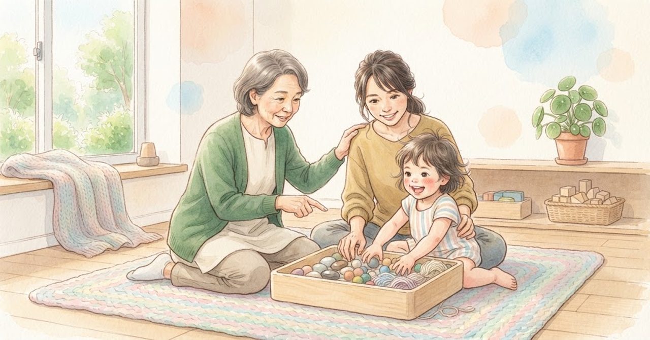 先輩の職員が新しい職員に、子どものそばで教えている絵