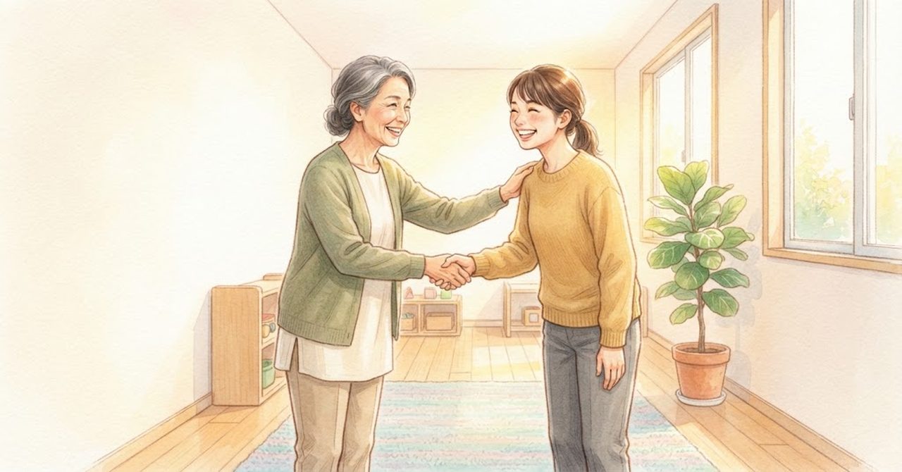 職員2人が笑顔で握手をしている絵