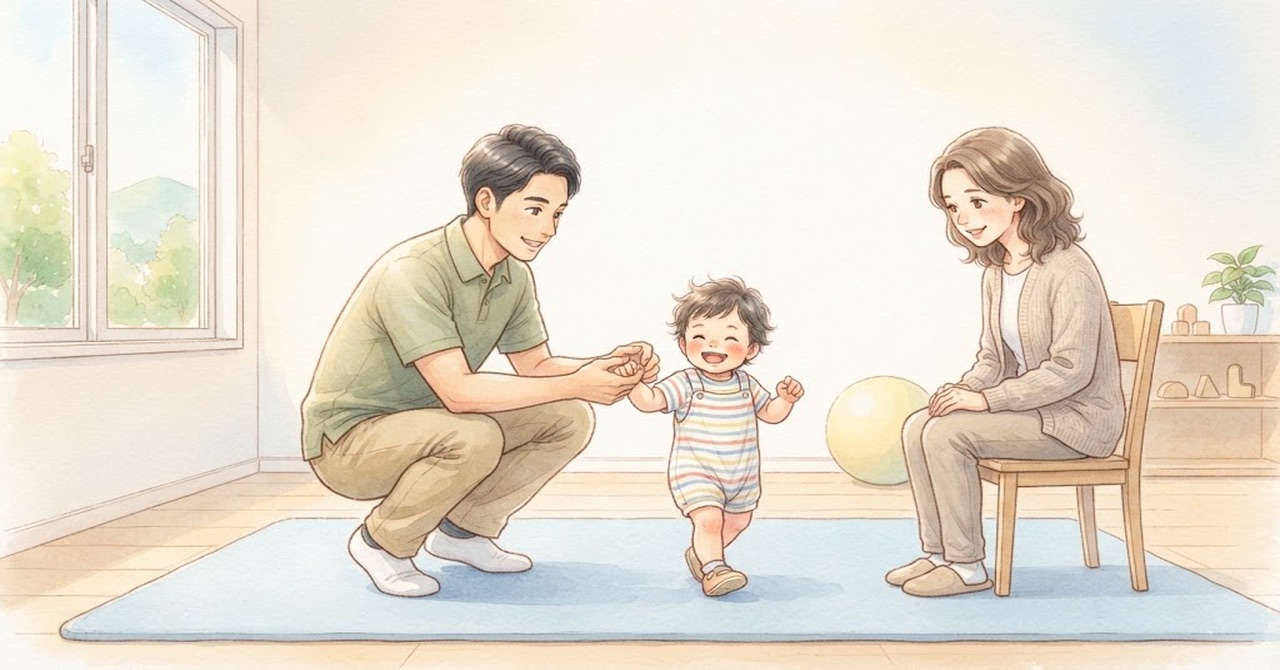 広い部屋のマットの上で、大人が小さな子どもの手を取って歩くのを支え、もう一人の大人がいすに座って見守っている水彩のイラスト