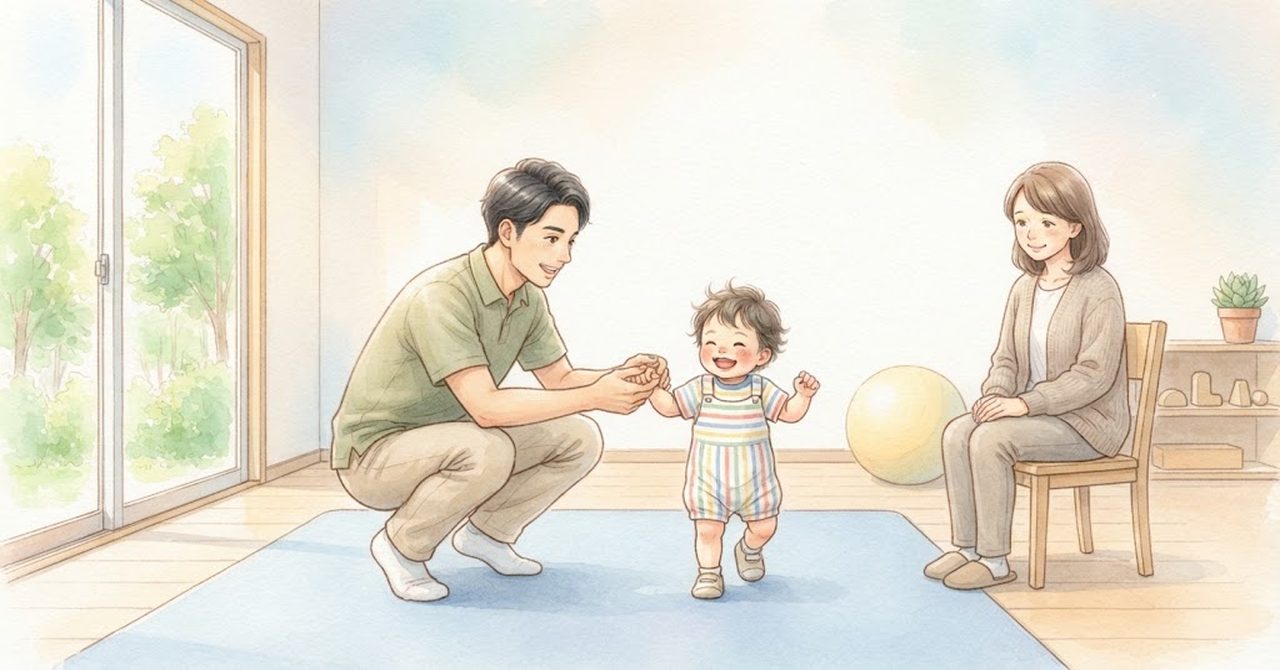 マットの上で、大人が小さな子どもの両手を取って歩くのを支え、もう1人の大人がいすに座って見守っている水彩のイラスト