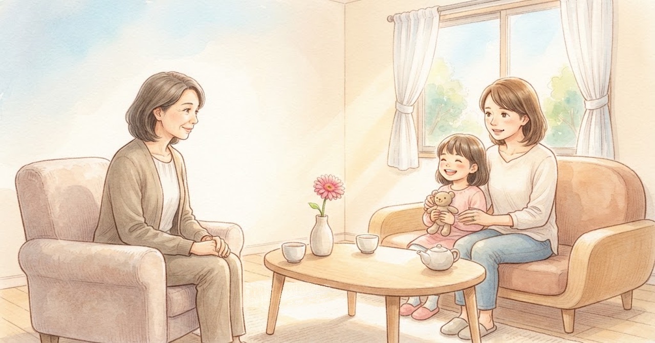 明るい部屋で、いすに座った大人が、ソファーに並んで座る大人と子どもの話を聞いている水彩のイラスト