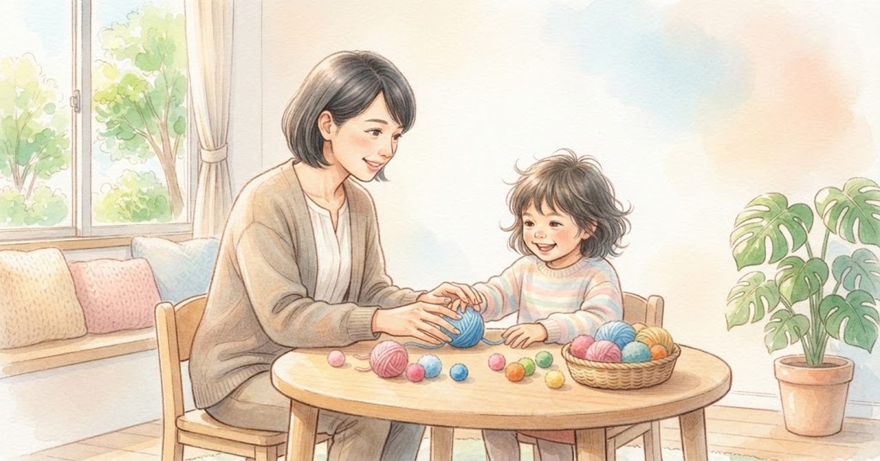 テーブルで、大人が子どもと一緒に毛糸玉や小さなボールにふれて遊んでいる水彩のイラスト