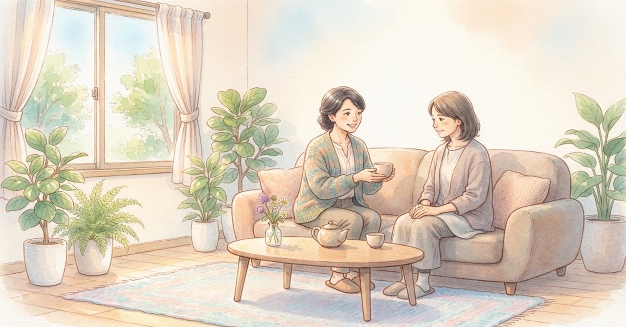 植物のある明るい部屋で、ソファーに並んで座った大人2人がお茶を手に話している水彩のイラスト