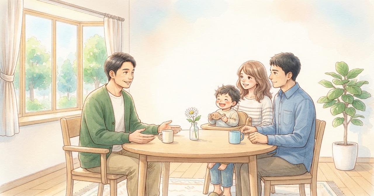 明るい部屋の丸いテーブルで、大人が向かいに座る家族(大人2人と幼い子ども)と話している水彩のイラスト