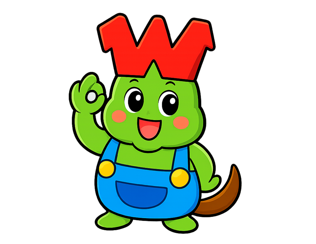 わせぴーの全身。青いつなぎを着て手をあげている