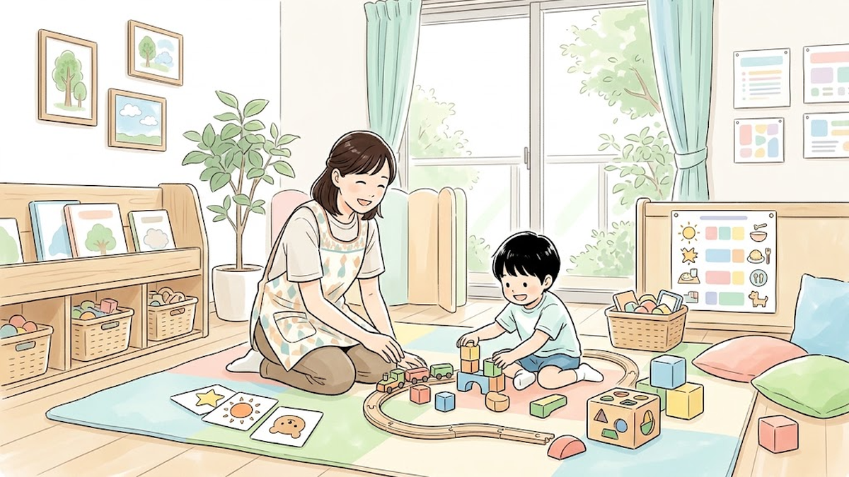 明るい児童発達支援の保育室で子どもと一緒に笑顔で木のおもちゃで遊ぶ保育士のイラスト