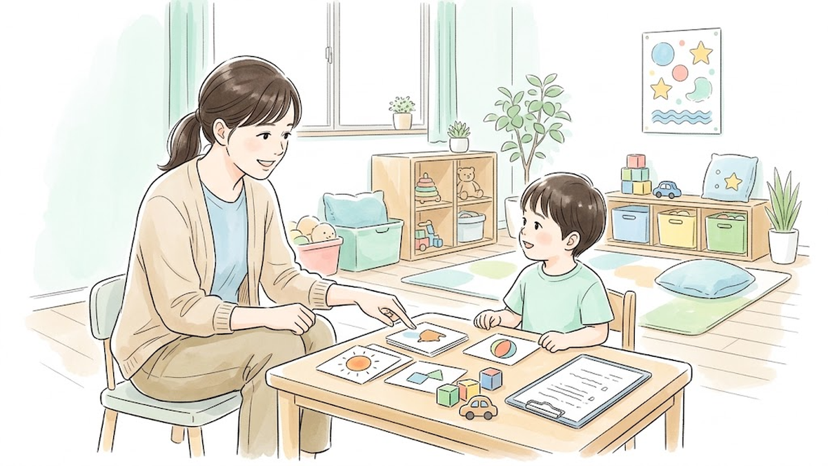 明るい療育室で絵カードや玩具を使って子どもと笑顔で関わる言語聴覚士のイラスト