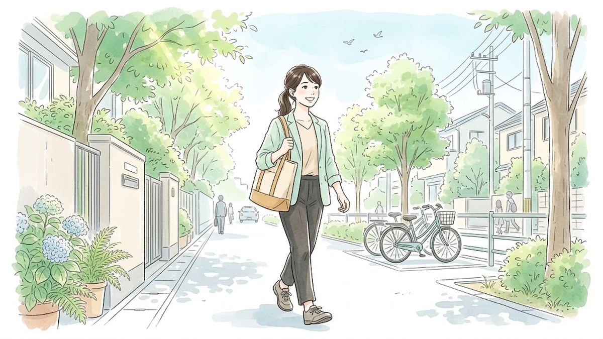 明るい並木道をトートバッグを持って笑顔で療育教室へ通勤するスタッフのイラスト