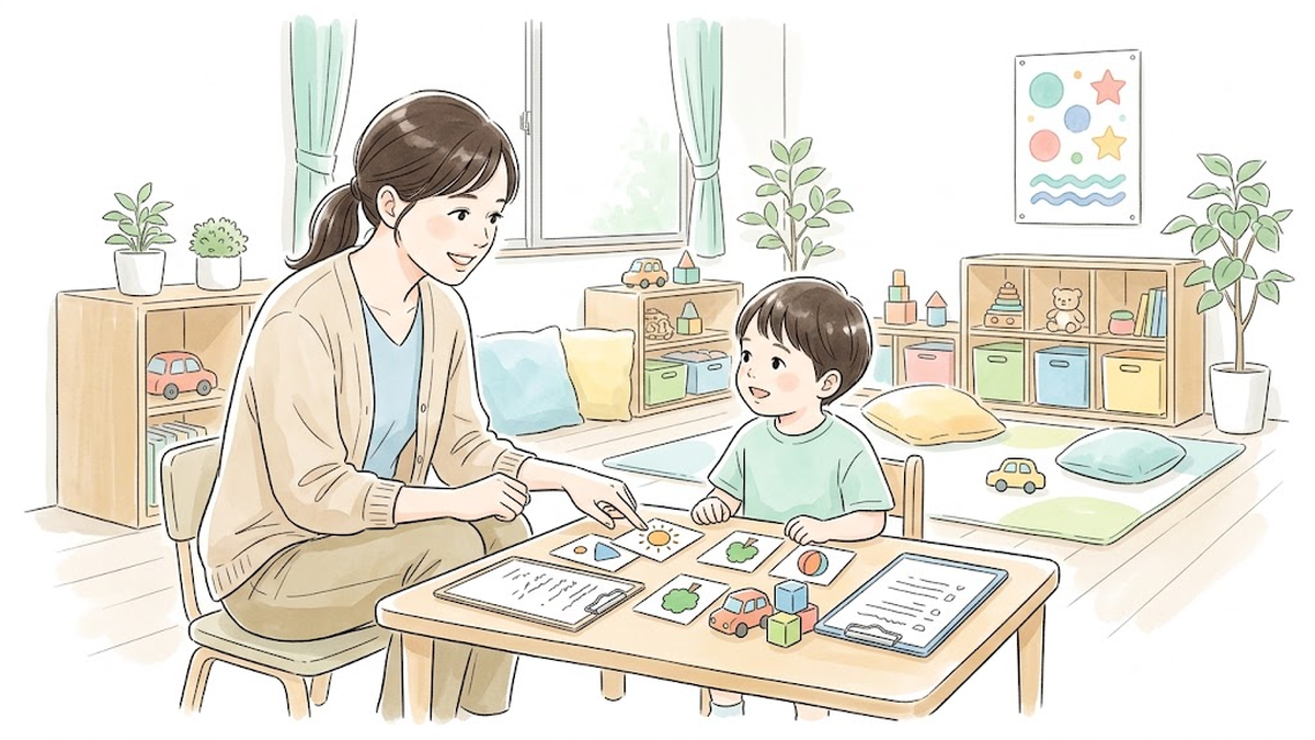 明るい療育室で絵カードや玩具を使って子どもと笑顔で関わる言語聴覚士のイラスト