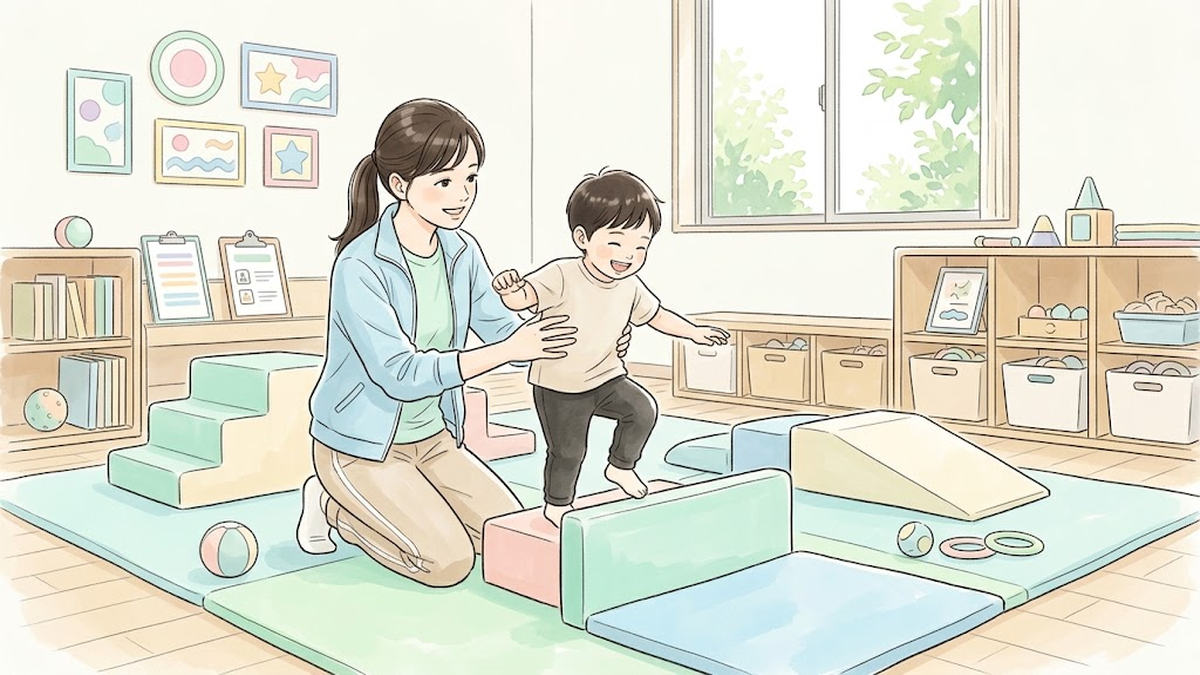 療育室の柔らかいマットの上で子どもの運動遊びを笑顔で支える理学療法士のイラスト