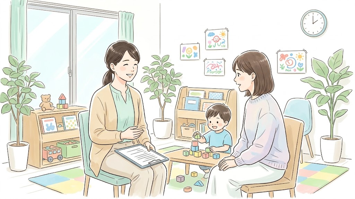 明るい相談室で子どもの遊びの様子を見守りながら保護者と温かく話す公認心理師のイラスト