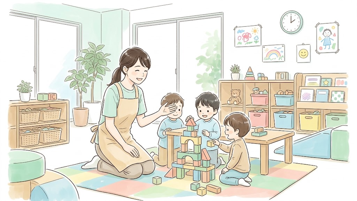 明るい療育室で子どもの目線に合わせて積み木遊びを温かく見守る児童指導員のイラスト
