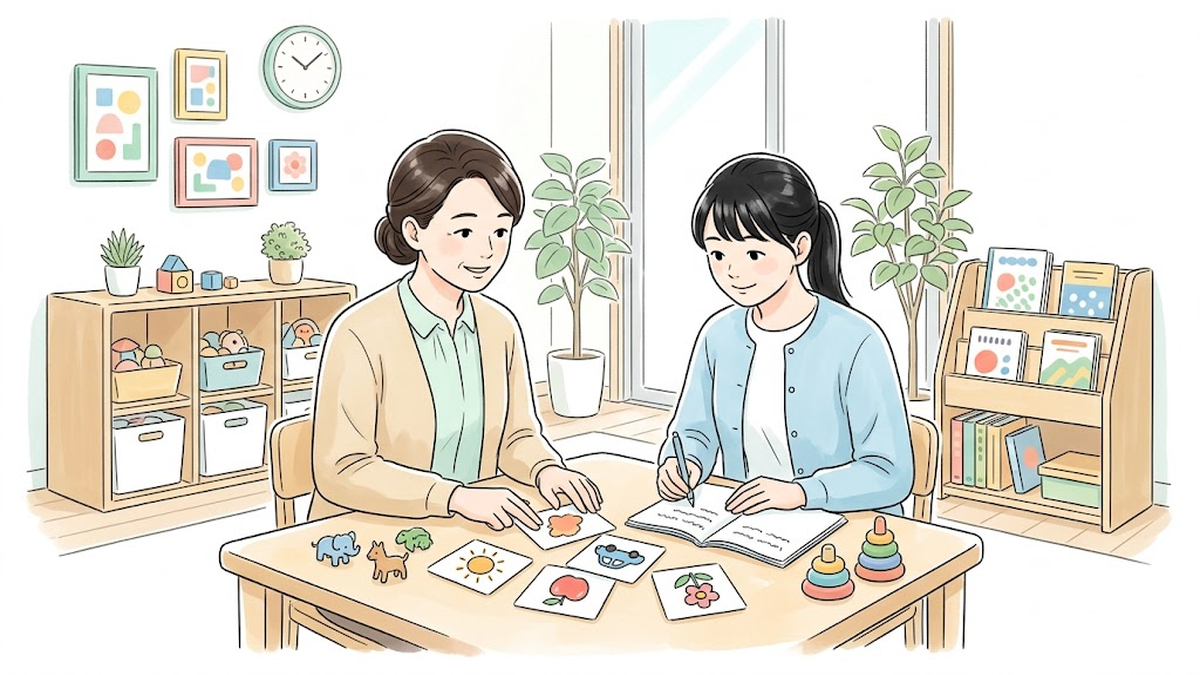 療育室の机で絵カードや教材を見ながら先輩の言語聴覚士から学ぶ研修生のイラスト