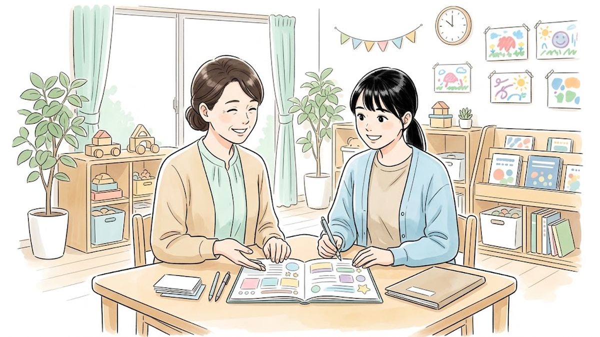 明るい療育教室で先輩スタッフから優しくOJT指導を受ける新しい職員のイラスト