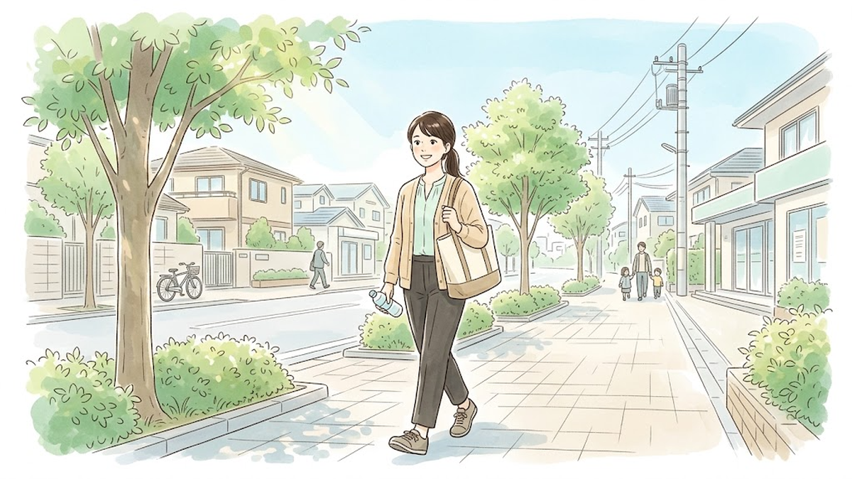 明るい並木道をトートバッグを持って笑顔で療育教室へ通勤するスタッフのイラスト