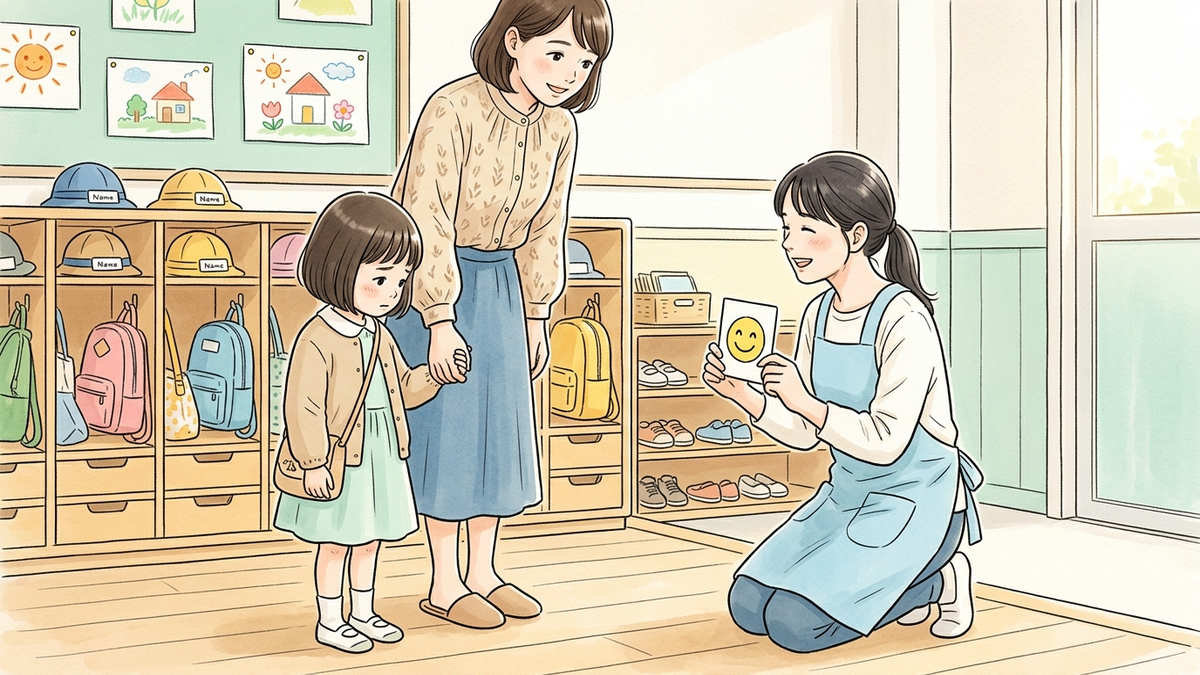 園の玄関で母と手をつなぐ子どもに、先生が笑顔の絵カードを見せて優しく語りかけるイラスト
