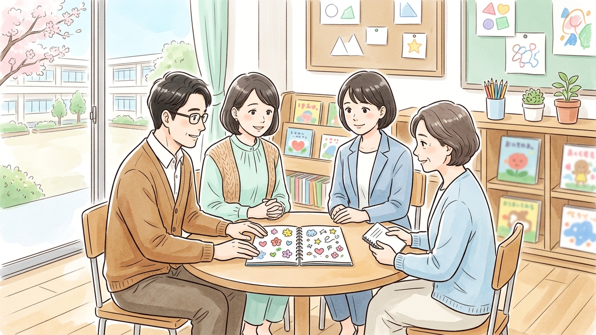 学校の相談室で両親と先生たちが記録ノートを囲み、子どもの安全について話し合うイラスト
