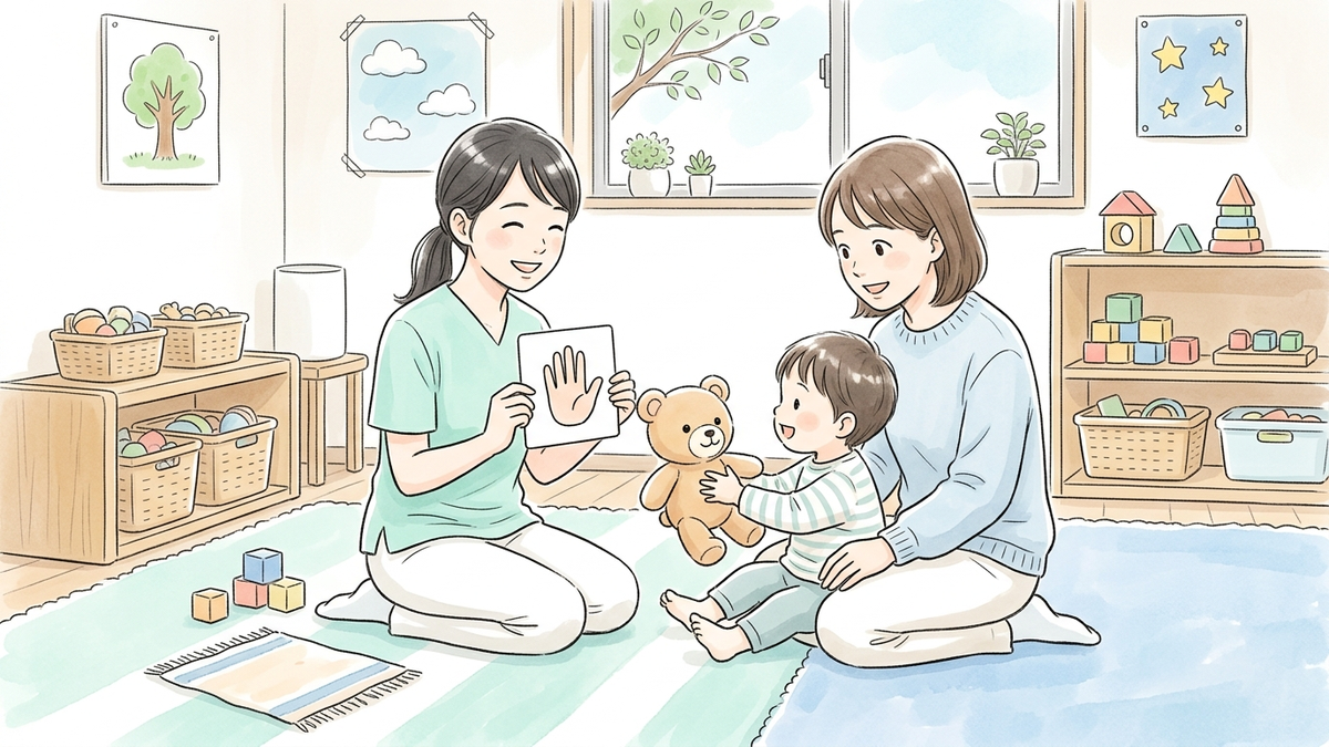 療育室で支援者と親子がぬいぐるみと手の絵カードを使い、体を大切にする約束を学ぶイラスト