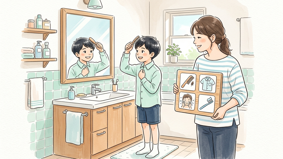 洗面所の鏡の前で身だしなみを整える子どもを、母親がイラスト手順表を持って見守るイラスト