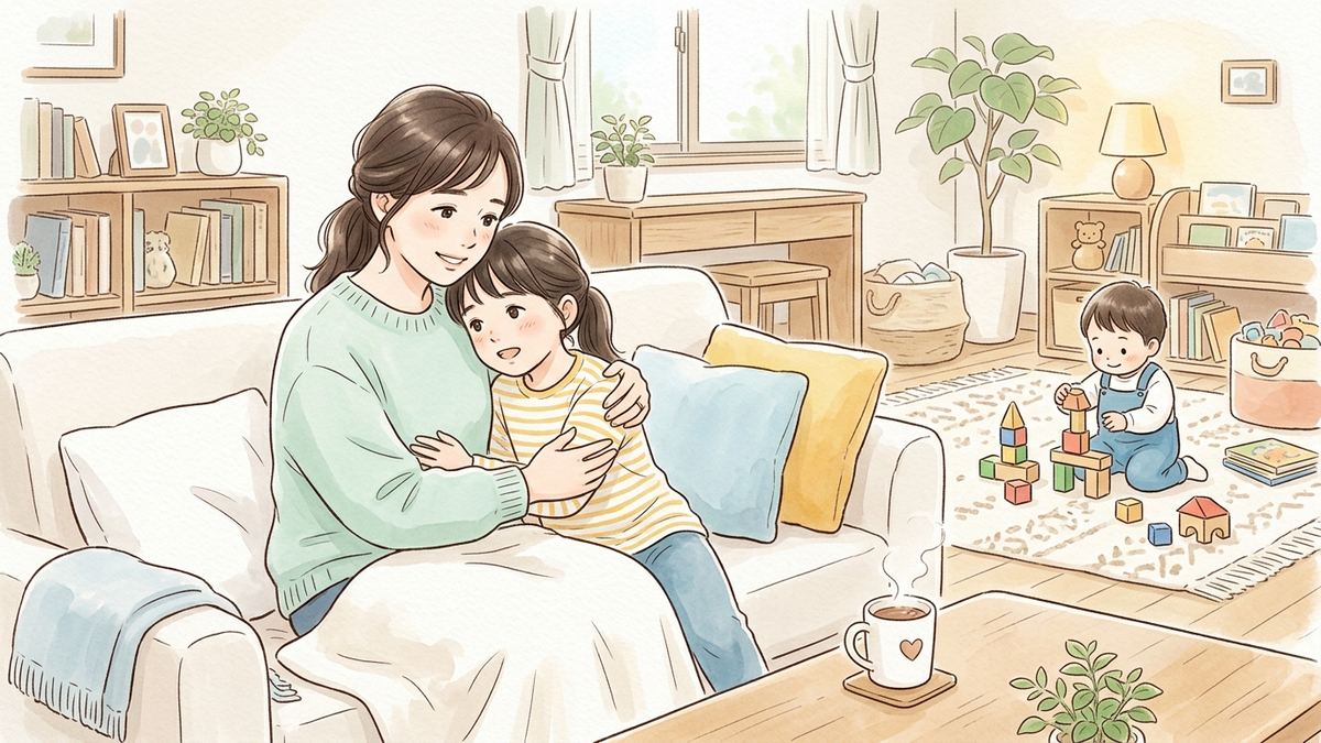自宅のソファで母親がきょうだいを優しく抱きしめ、1対1で気持ちに寄り添って話を聞くイラスト