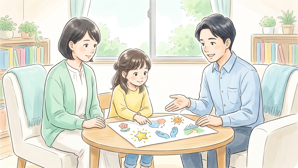 相談室で親子と支援者が星や手の絵シートを見ながら、得意なことと療育に通う理由を話すイラスト