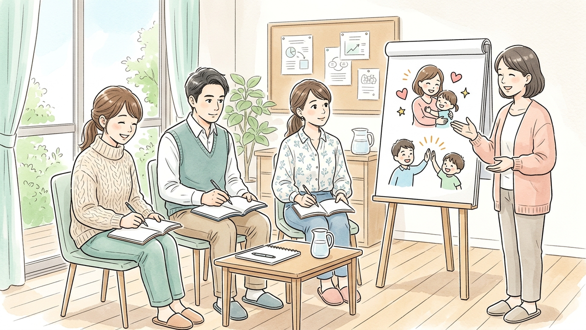 ペアレントトレーニングの会場で、講師の絵図を見ながら保護者たちが子どもとの関わり方を学ぶイラスト