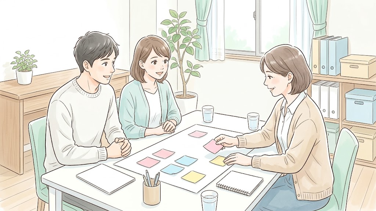 事業所の相談室で夫婦と支援者が色付箋を並べ、子どもへの支援方針をそろえるイラスト
