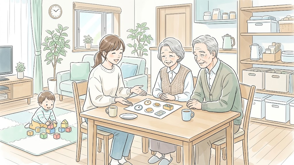 自宅のリビングで母親が祖父母にイラスト手順表を見せ、子どもへの接し方を共有するイラスト