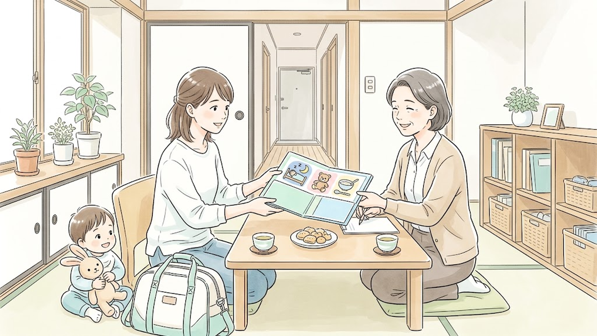 入院準備のバッグを傍らに、子どもの特性をまとめた絵ファイルを支援員へ託す母親のイラスト