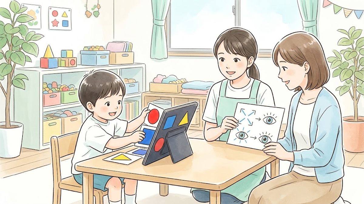 見やすい大きな絵カードと傾斜台を使った教材で遊ぶ子どもと、配慮を話し合う親子のイラスト