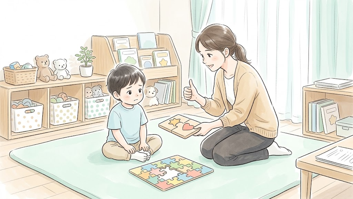 パズルで戸惑う子どもに、支援者がスモールステップの教材を出して優しく励ますイラスト