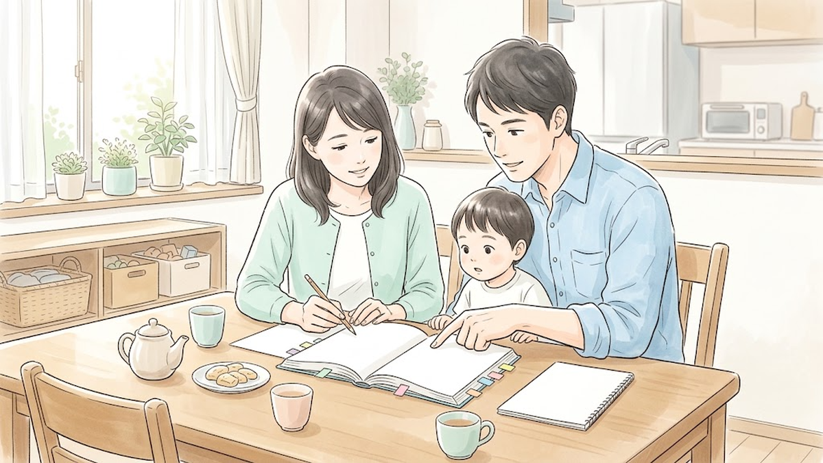 自宅のテーブルで付箋を貼った福祉の手引を開き、子どもの支援制度を探す親子のイラスト