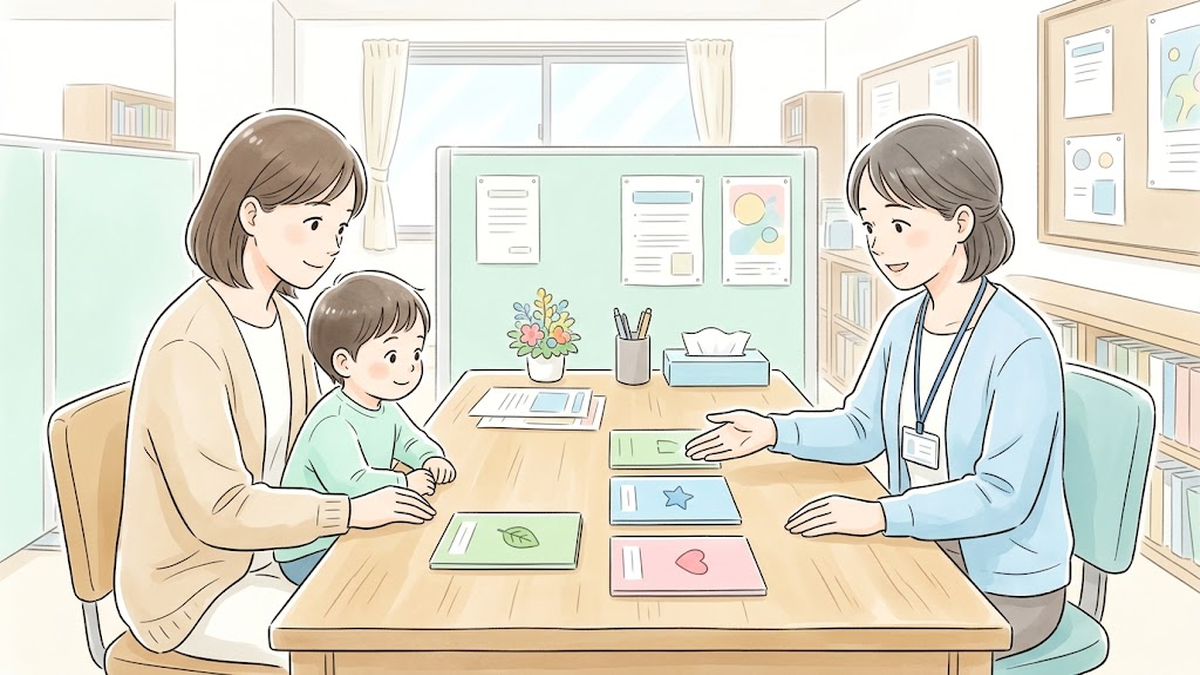 区の窓口で職員が3種類の色分けされた手帳見本を並べ、親子に違いを案内するイラスト