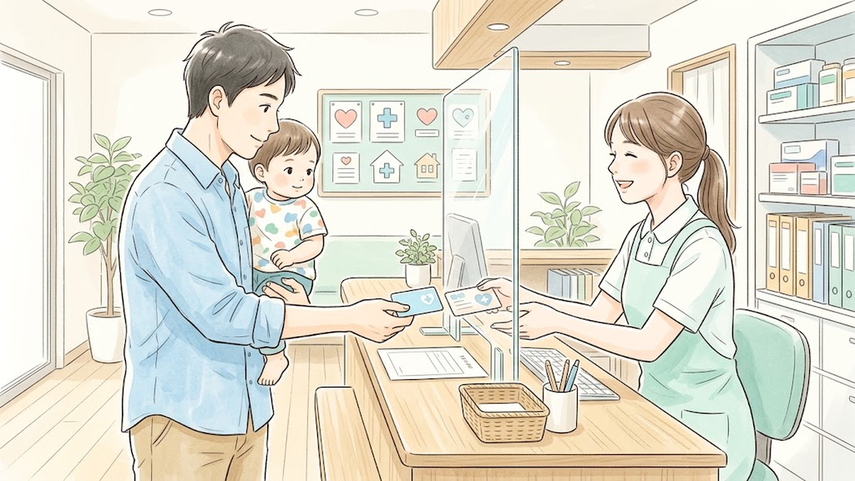 クリニックの窓口で父親が子どもを抱っこし、医療証を見せて受付をするイラスト
