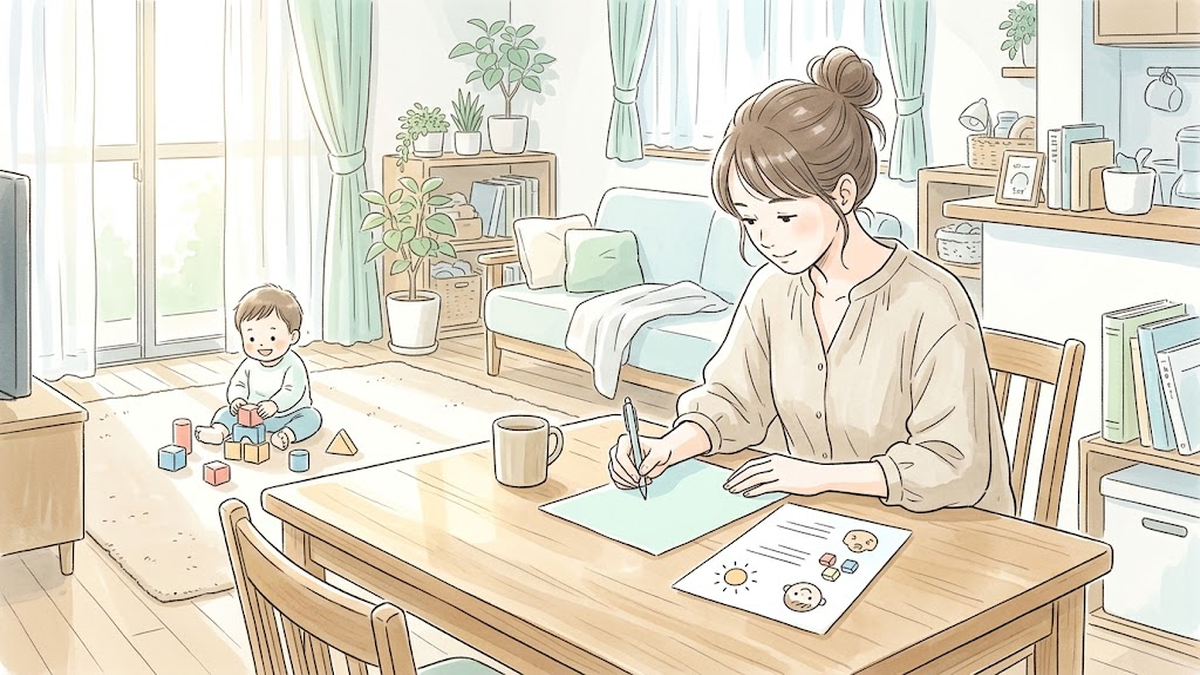 自宅のテーブルで記入見本を見ながら、子どものセルフプランを整理する母親のイラスト