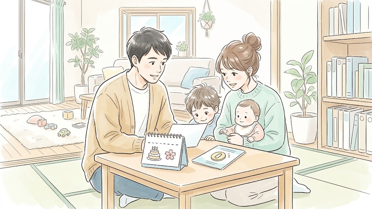 カレンダーの誕生日と桜の絵印を指さしながら、幼い子の利用負担案内を見る親子のイラスト
