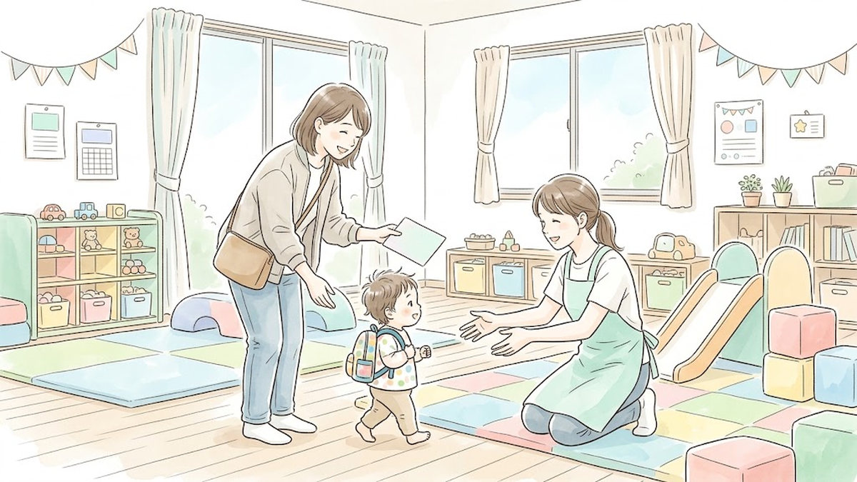 一時保育室の明るい入り口で、保育士に子どもと連絡票を預けて安心する母親のイラスト