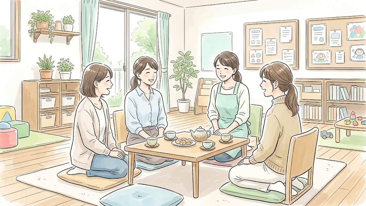 明るいサロン室で保護者同士が輪になって座り、お茶を飲みながら和やかに語り合うイラスト